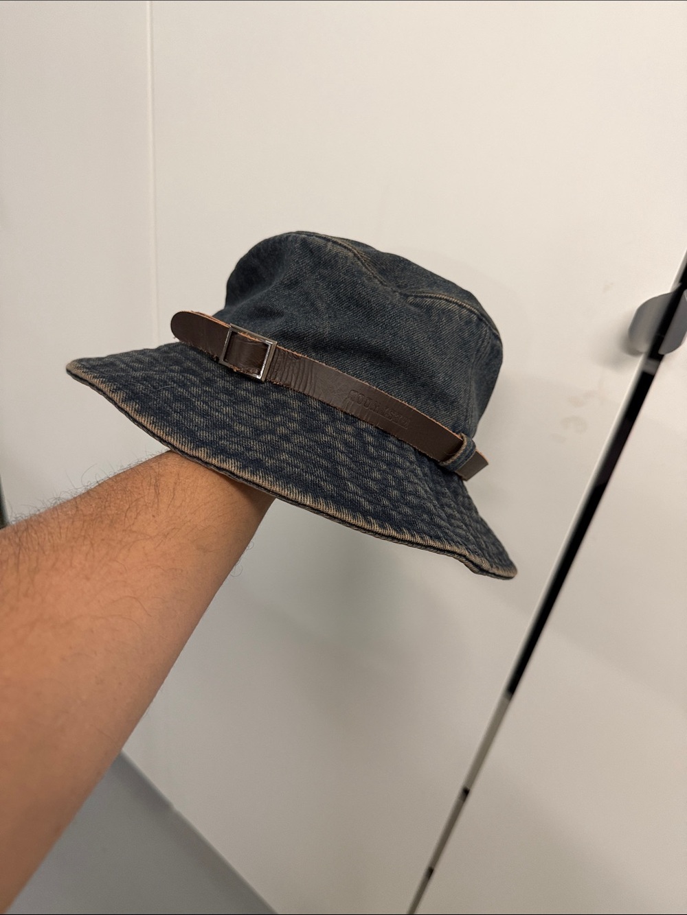 Denim Bucket Hat with Brown Leather Band - Black
